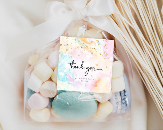 Rainbow Watercolor Gift Tags Favor Tag Bonbonniere Thank You Lolly Bag Colorful Watercolor Gold Glitter Sprinkles Ombre Pastel Colors TC566