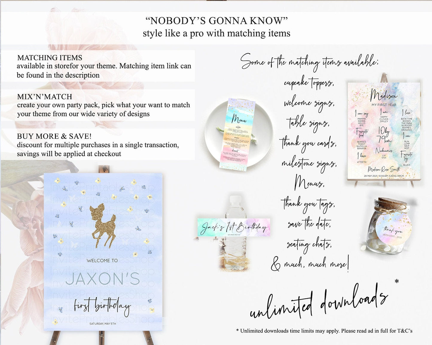 Fawn Welcome Sign Deer Welcome Board Floral Deer Welcome Poster Enchanted Forest Butterfly Pastel Floral First Birthday Welcome Sign D10863
