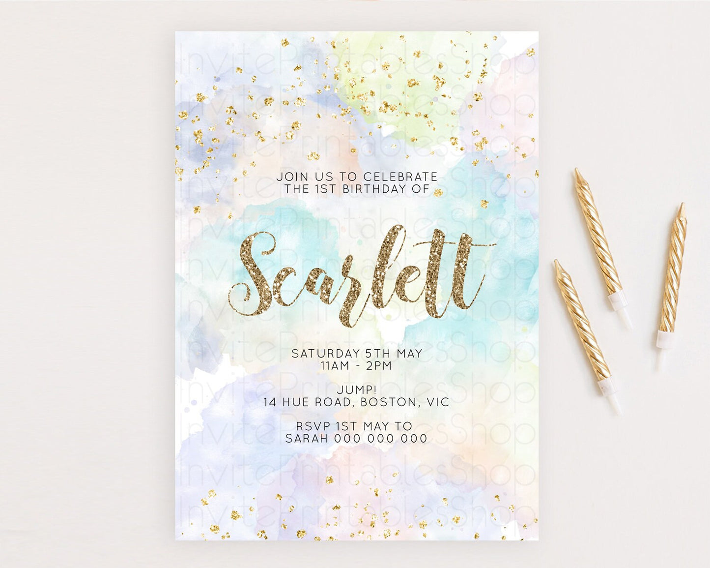 Rainbow Birthday Invitation Colorful Pastel Watercolor Invitation Gold Glitter Sprinkles Ombre Pastel 1st 2nd 3rd Birthday D10614