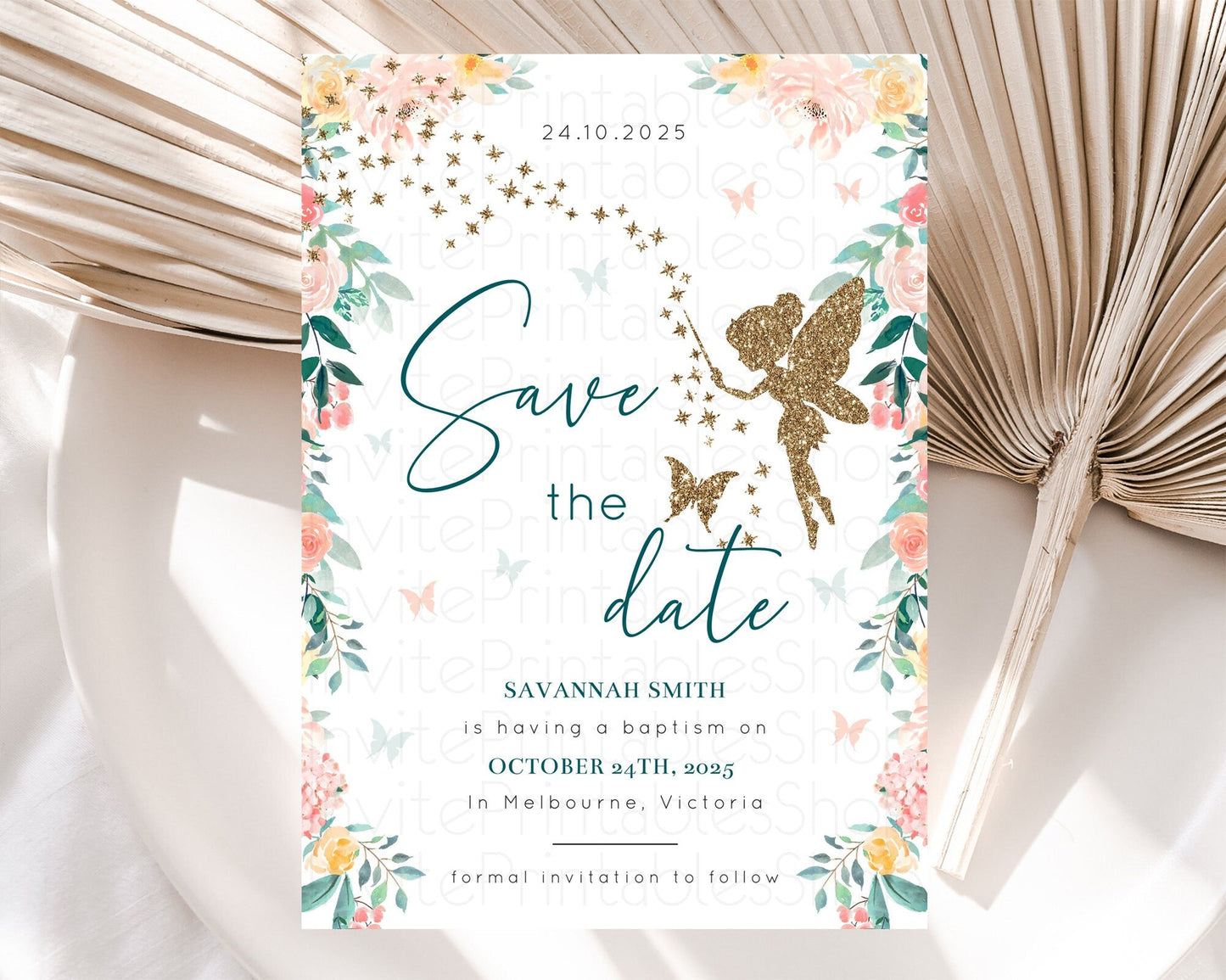 Fairy Save The Date Template Enchanted Garden Pastel Floral Butterfly Party Secret Garden Birthday Baptism Baby Shower Bridal Shower D10239