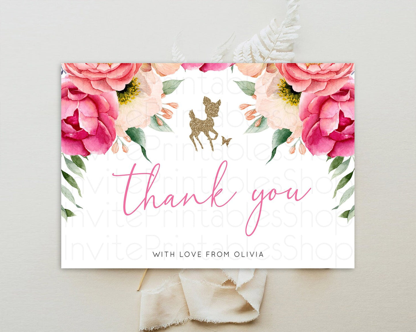 Fawn Thank You Deer Thank You Card Pastel Floral Deer Birthday Thank You Card Enchanted Forest Butterfly Deer Teacher Thank You Card D10326