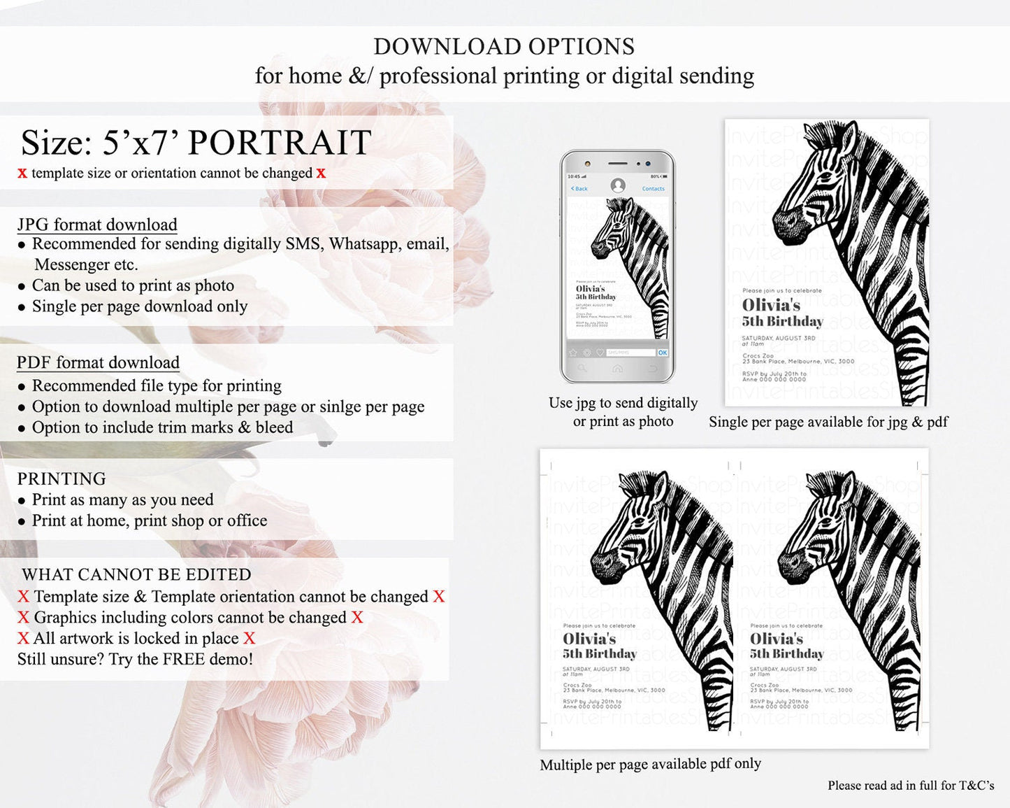 Zebra Birthday Invitation Zebra Invite Jungle Safari invite Watercolor Tropical Palm Invite Adventure Zoo Party Wild Animal Party D10249