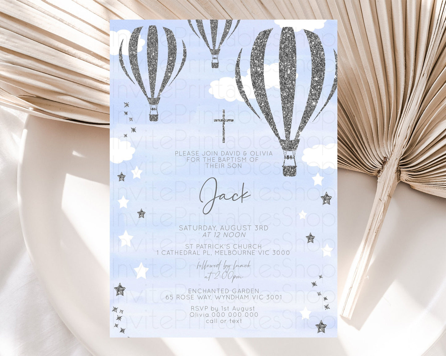 Hot Air Balloon Baptism Invitation Hot Air Balloon Baptism Birthday Invitation Adventure Awaits Up Up Away Glitter Blue Watercolor D10334