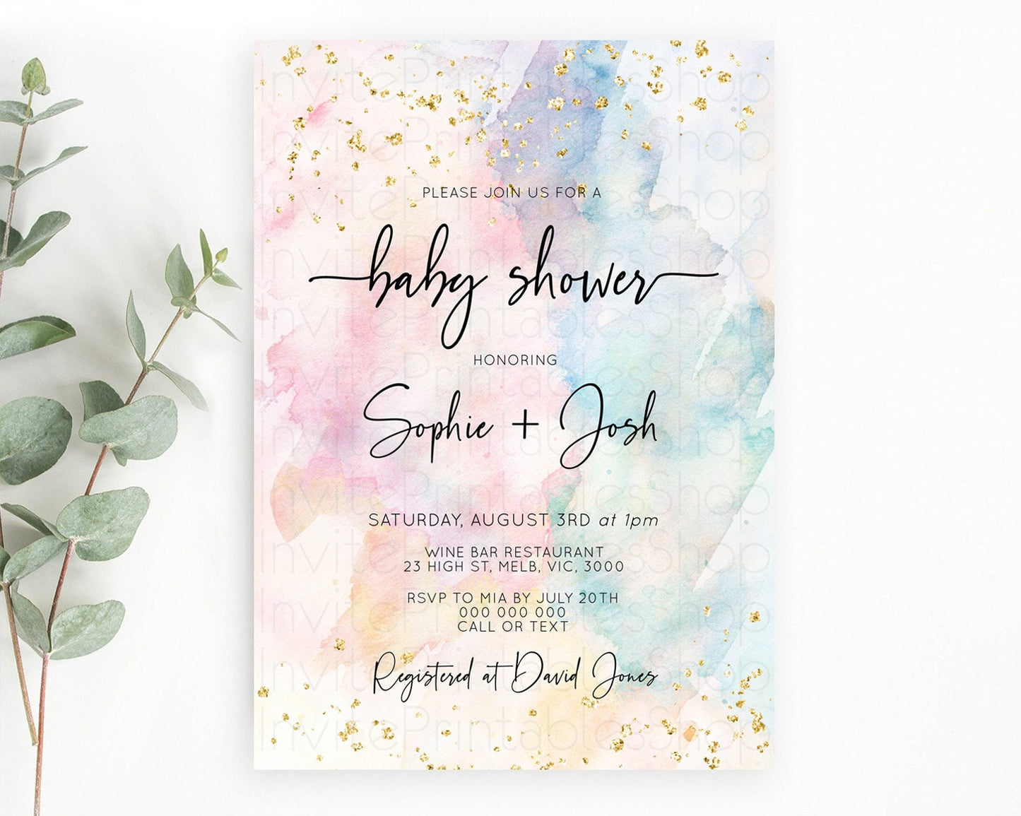 Pastel Baby Shower Invitation Rainbow Baby Shower Invitation Colorful Pastel Watercolor Invitation Gold Glitter Sprinkles Ombre D10276