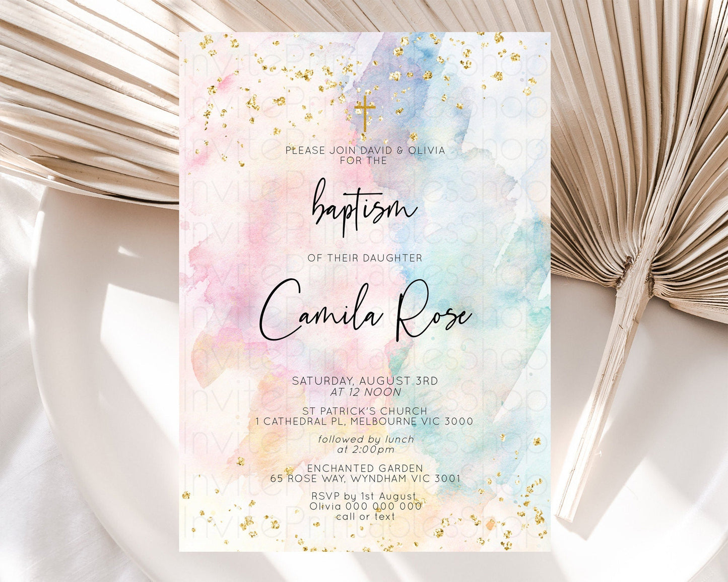 Pastel Baptism Invitation Pastel Colors Watercolor Baptism 1st Birthday Party Gold Ombre Pastel Rainbow Christening Holy Communion D10276