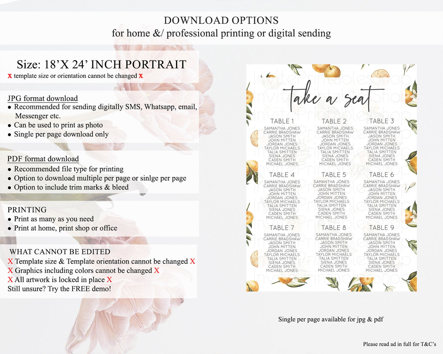 Citrus Seating Chart Lemon Seating Chart Orange Seating Chart Citrus Garden Seating Sign Citrus Floral Table Number Sign D10545