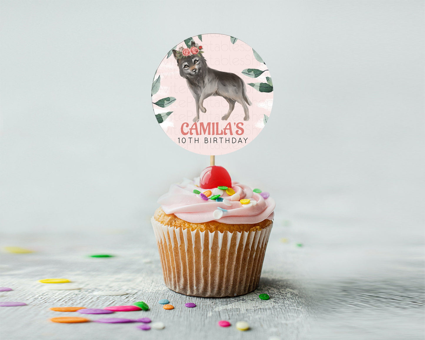 Wolf Cupcake Toppers Wolf Cupcake Pastel Wolf Decor Enchanted Forest Woods Wolf Floral Cupcake Howling Party Cupcake First Birthday D10535