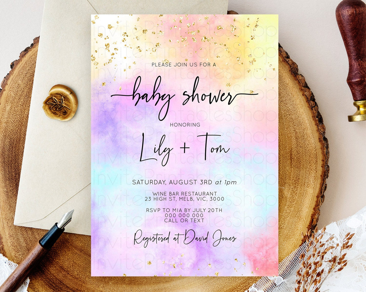 Pastel Baby Shower Invitation Rainbow Baby Shower Invitation Colorful Pastel Watercolor Invitation Gold Glitter Sprinkles Ombre D10437