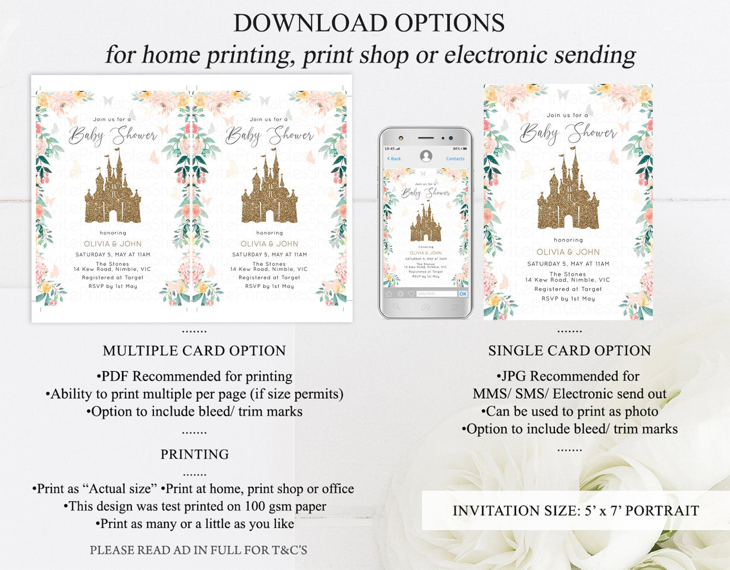 Princess Baby Shower Castle Invitation Glitter Castle Invitation Glitter Pastel Florals Secret Garden Enchanted Magical Butterflies Flutters