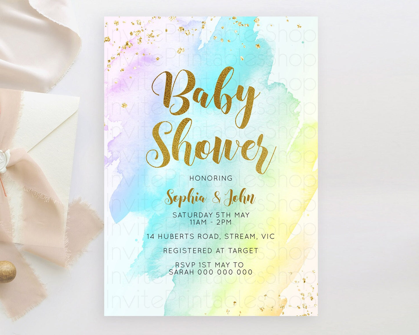 Pastel Baby Shower Invitation Rainbow Baby Shower Invitation Colorful Pastel Watercolor Invitation Gold Glitter Sprinkles Ombre D11026