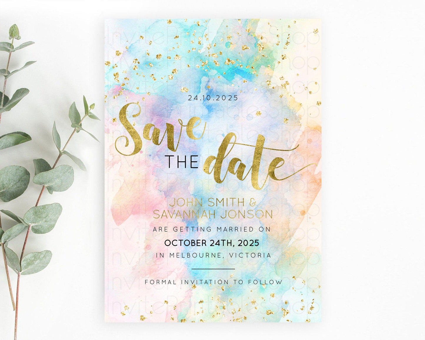 Pastel Save The Date Template Pastel Ombre Rainbow Watercolor Colorful Party For Birthday Baptism Baby Shower Wedding Bridal Shower D10272