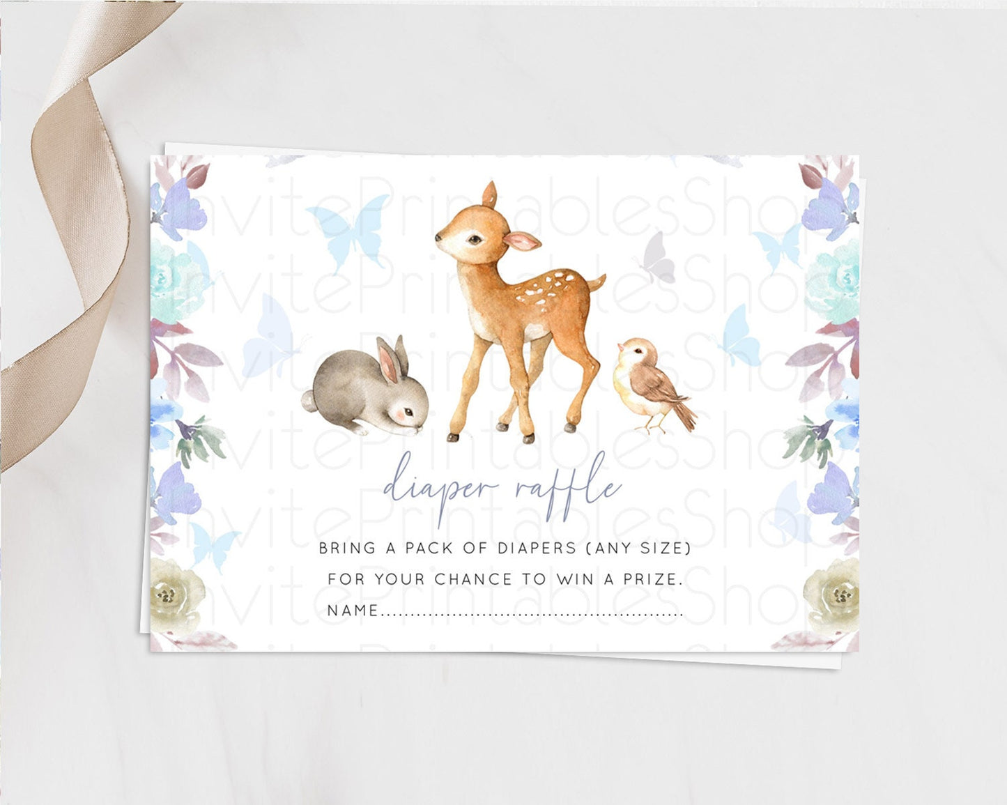 Fawn Diaper Raffle Card Deer Diaper Insert Floral Deer Diaper Ticket Enchanted Forest Butterfly Pastel Baby Shower Raffle Game D10929