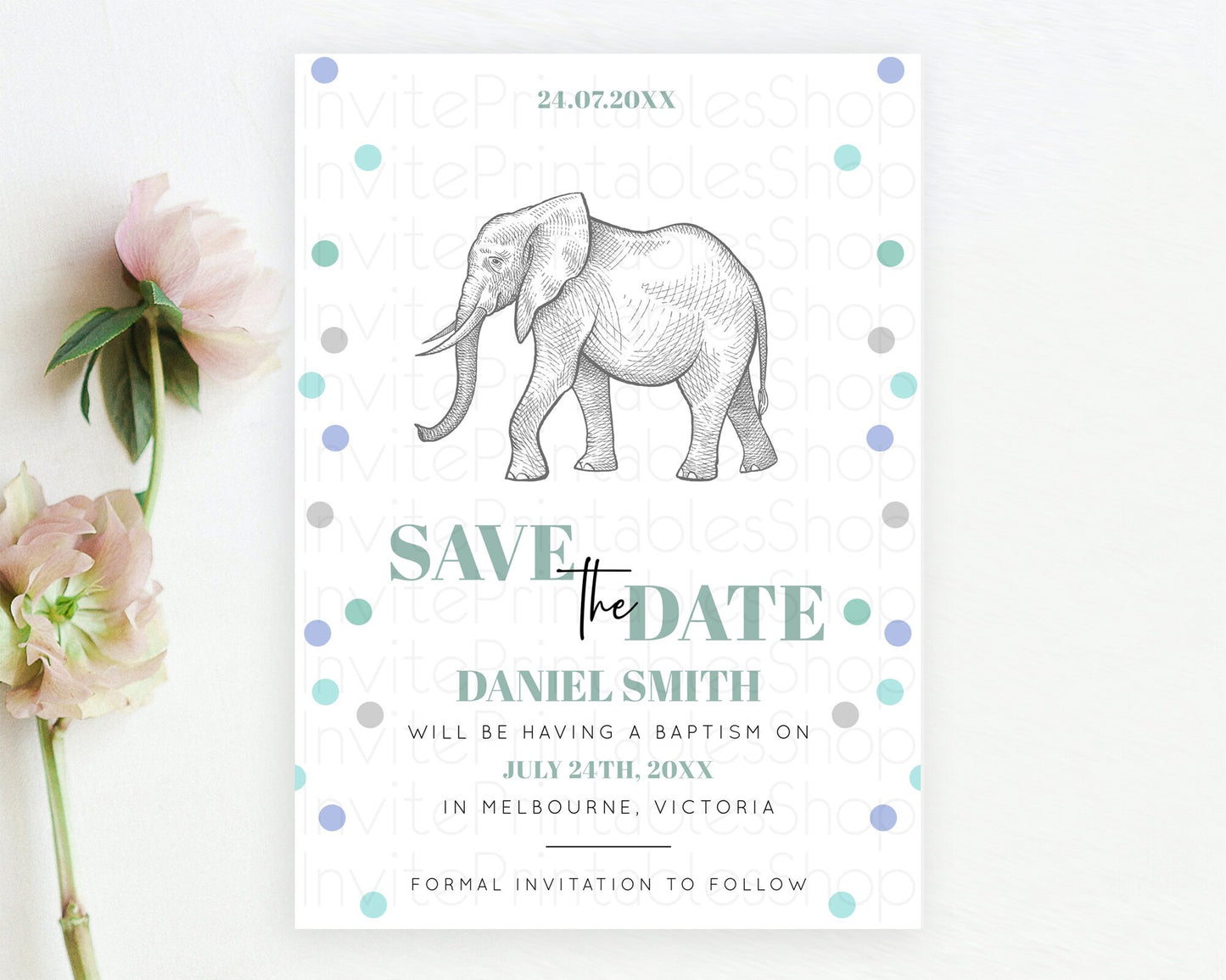 Elephant Save The Date Template Elephant Safari Adventure Party Dried Palm Fern Zoo 1st Birthday Baptism Baby Shower Bridal Shower D10859