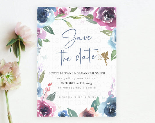Editable Fairy Save The Date Template Enchanted Garden Pastel Floral Butterf