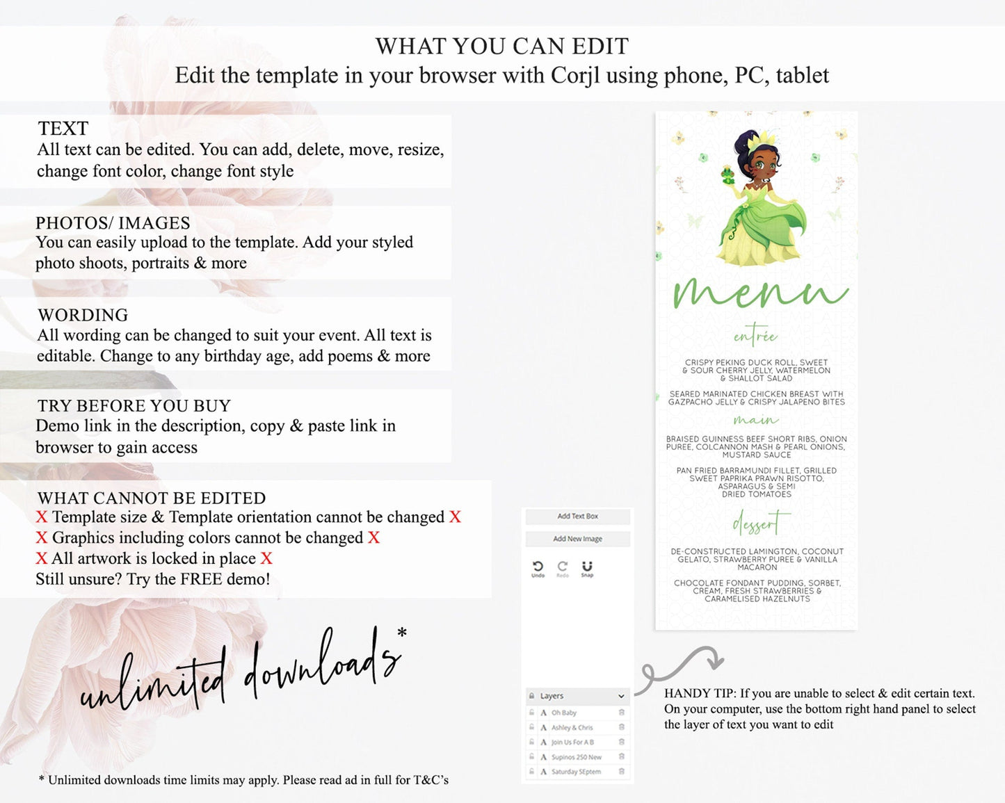 Princess Menu Castle Menu Template Secret Garden Table Decor Enchanted Castle Pastel Floral Dinner Dessert Menu Princess Food Menu D10348