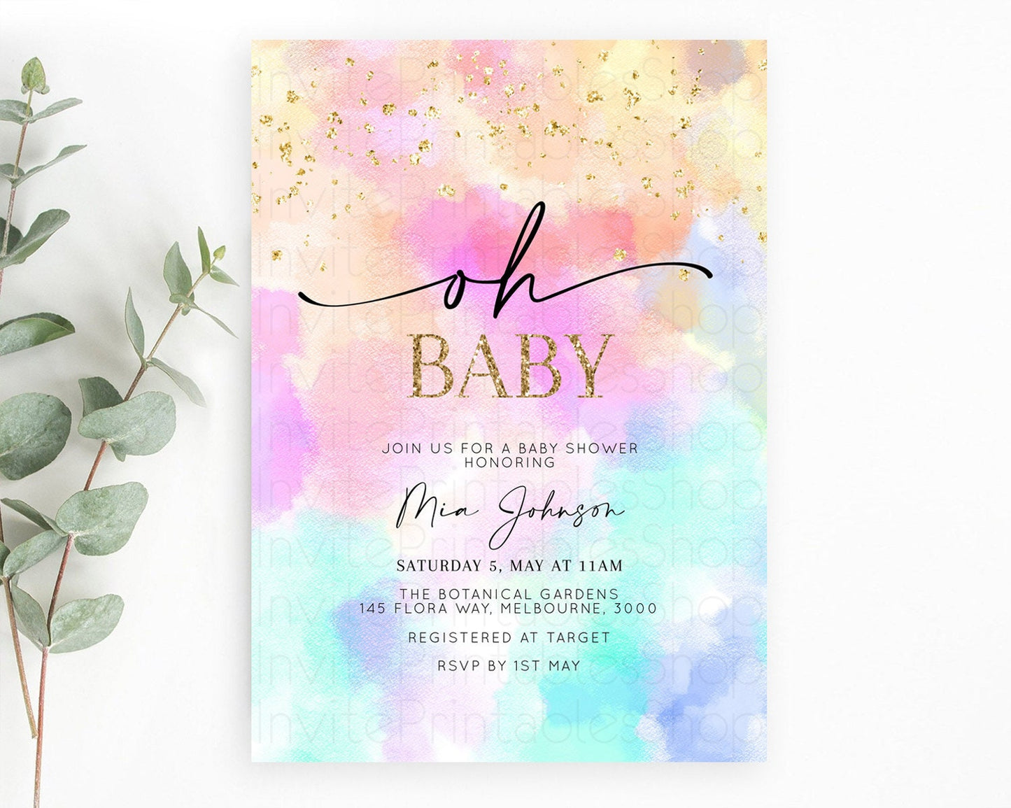 Pastel Baby Shower Invitation Rainbow Baby Shower Invitation Colorful Pastel Watercolor Invitation Gold Glitter Sprinkles Ombre D10667