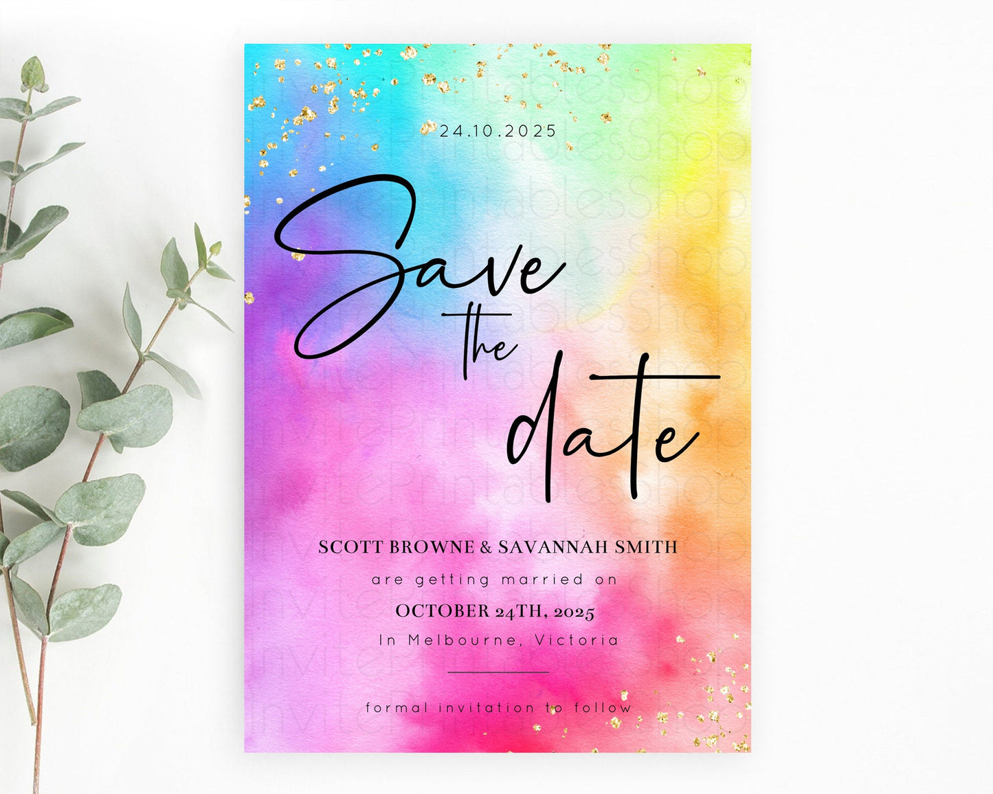 Tie Dye Save The Date Template Rainbow Pastel Ombre Watercolor Party For 1st Birthday Baptism Baby Shower Bridal Shower Wedding D10456