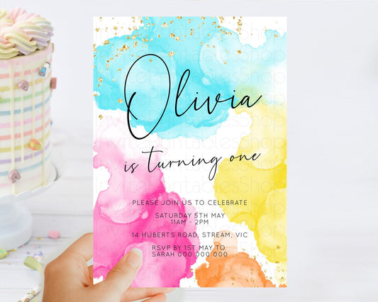 Editable Rainbow Birthday Invitation Colorful Pastel Watercolor Invitation G