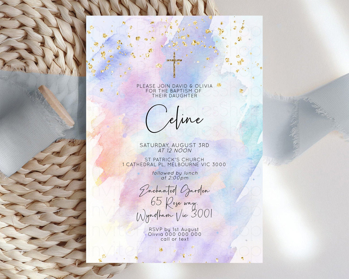 Rainbow Baptism invitation Pastel Rainbow Christening Invite Ombre Watercolor Invite Gold Glitter Sprinkle Splash Cross Religious t576
