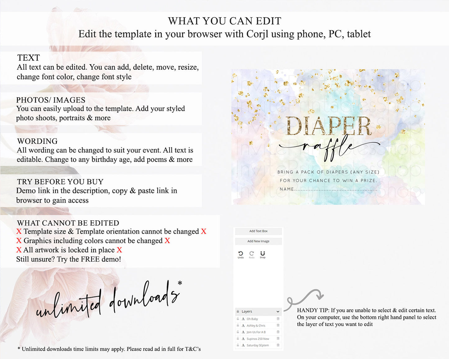 Pastel Diaper Raffle Card Pastel Rainbow Diaper Raffle Insert Colorful Ombre Watercolor Diaper Ticket Confetti Glitter Raffle Game D10613