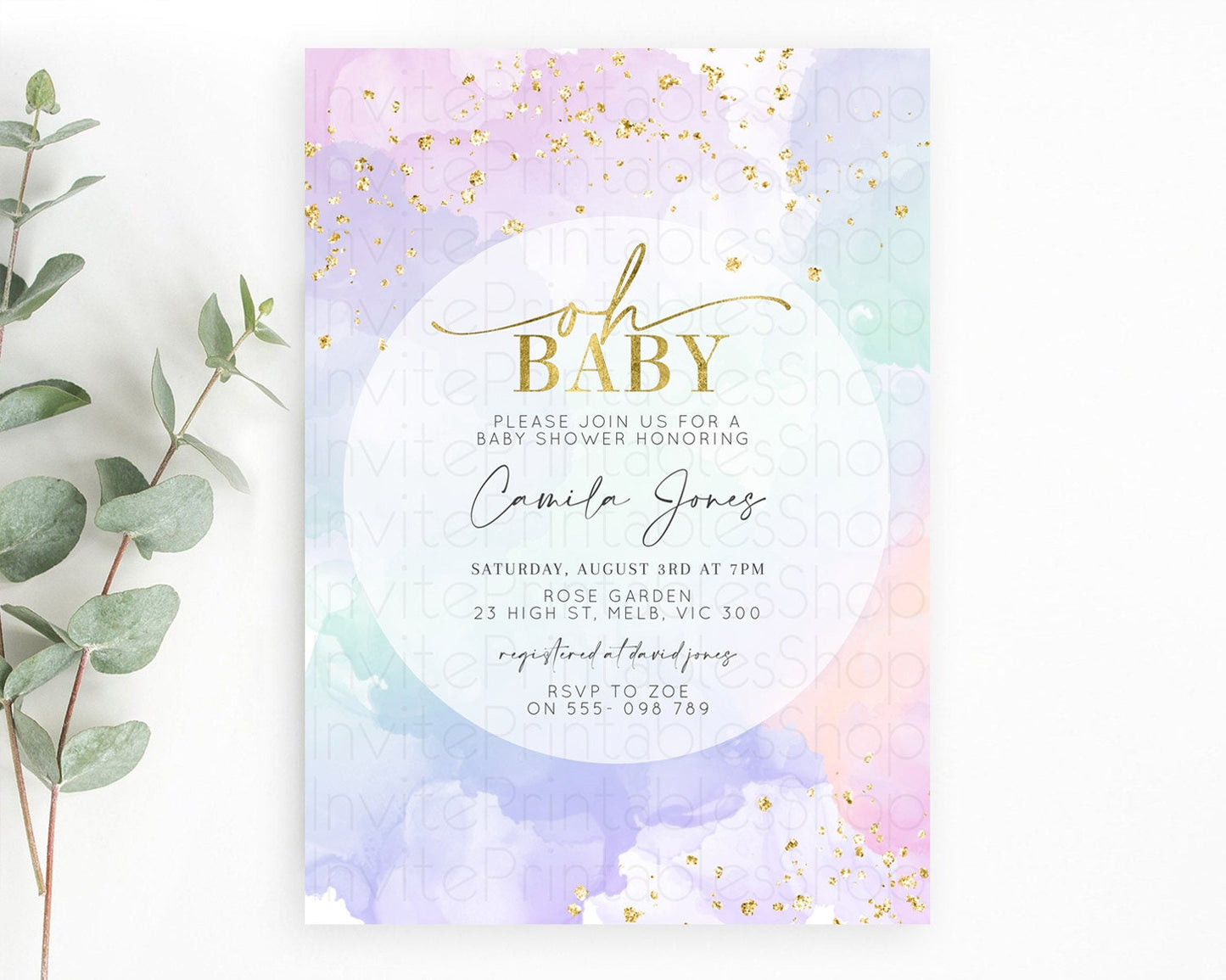 Editable Pastel Rainbow Baby Shower Invitation, Colorful Watercolor with Gol