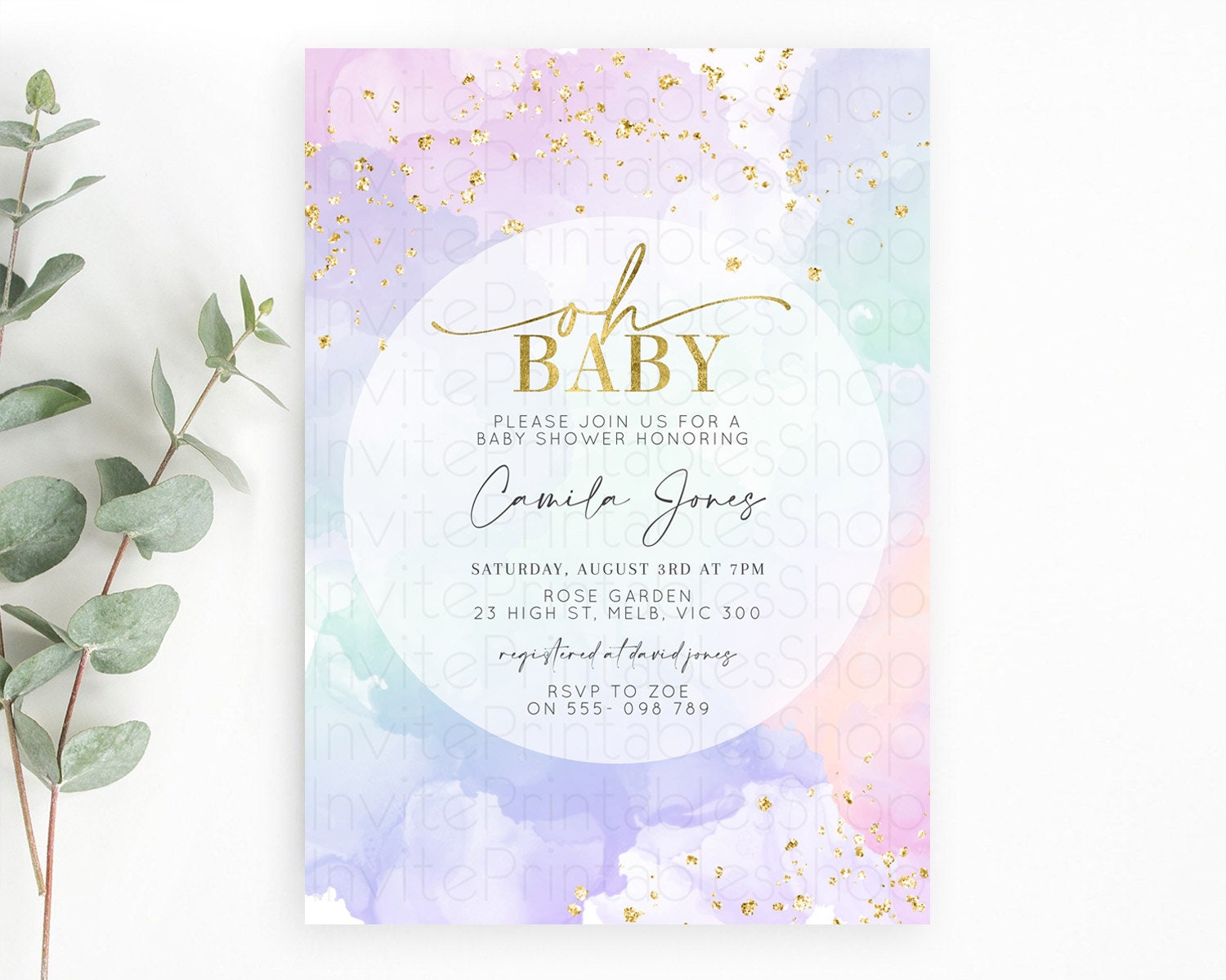 Editable Pastel Rainbow Baby Shower Invitation, Colorful Watercolor with Gol