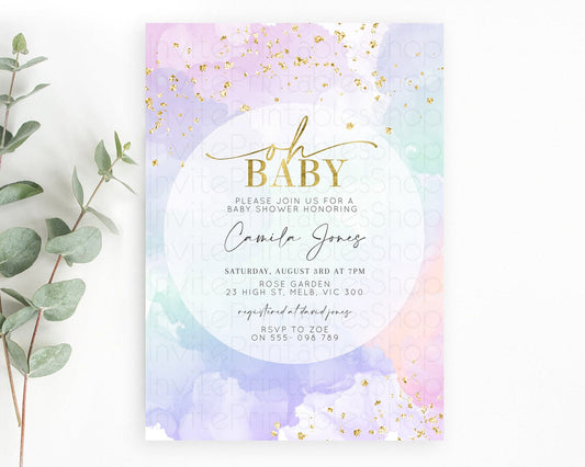Editable Pastel Rainbow Baby Shower Invitation, Colorful Watercolor with Gol