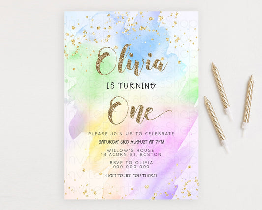 Rainbow Birthday Invitation Colorful Pastel Watercolor Invitation Gold Glitter Sprinkles Ombre Pastel 1st 2nd 3rd Birthday D23304