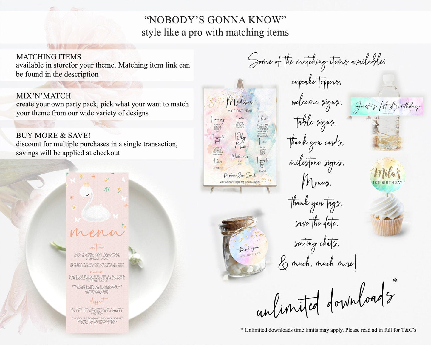 Swan Menu Swan Princess Ballet Menu Template Enchanted Swan Lake Table Decor Secret Garden Pastel Floral Dinner Dessert Food Menu D10388