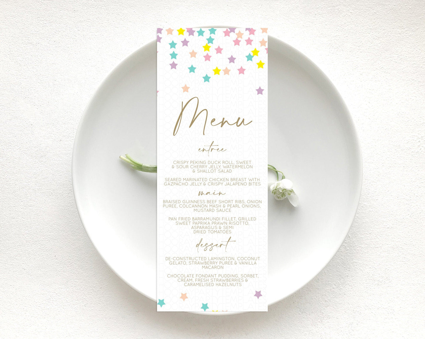 Star Menu Template Pastel Stars Menu Shooting Star Twinkle Little Star Decor Rainbow Colorful Confetti Dinner Dessert Food Menu D10601