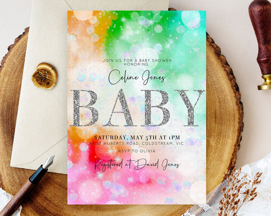 Colorful Baby Shower Invitation: Pastel Watercolor, Ombre Rainbow, Green, Orange, Blue, Red Pink, Silver Glitter, Iridescent Confetti D10691