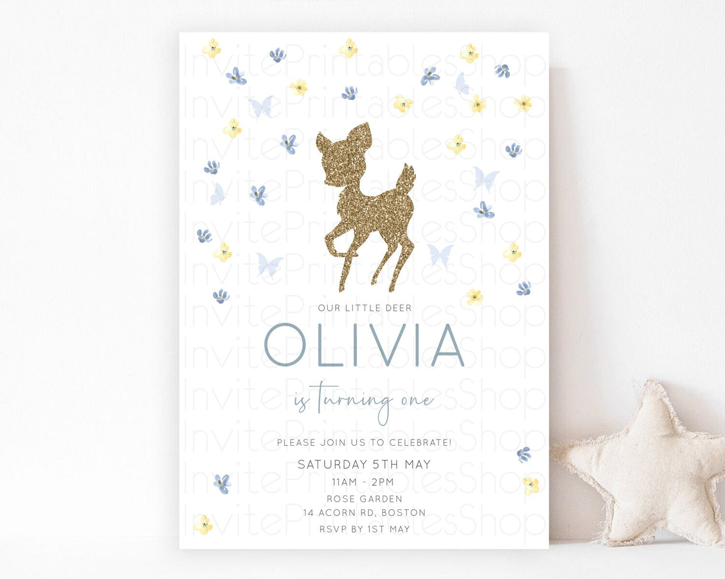 Fawn Birthday Invitation Deer Birthday Invitation Enchanted Forest Party Butterfly Pastel Flowers Whimsical 2nd 1st First Birthday D10864