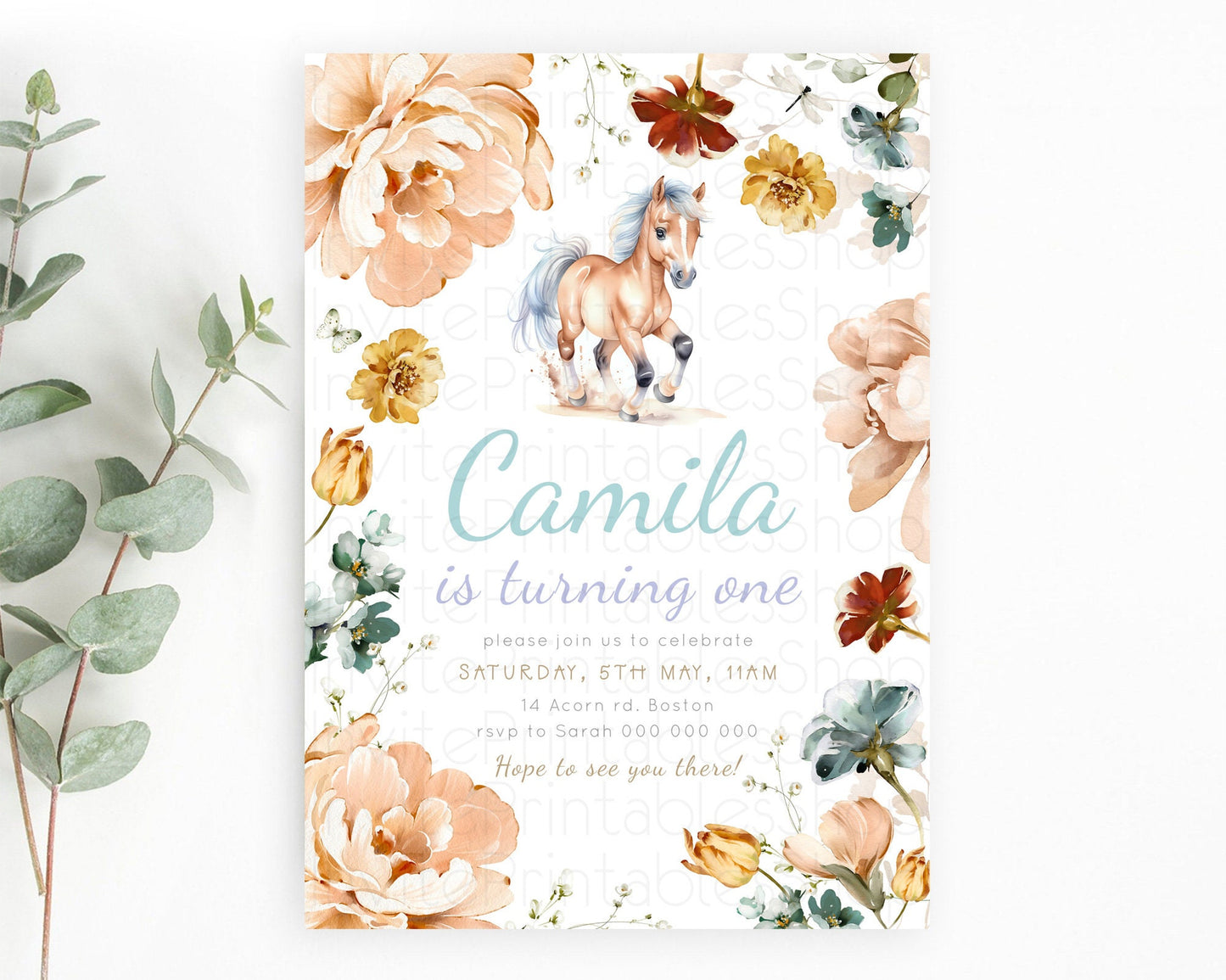 Horse Birthday Invitation, Galloping Wildflower Fields, Pastel Flowers, Butterflies, Flowers Accents for Equestrian & Cowgirls d23379