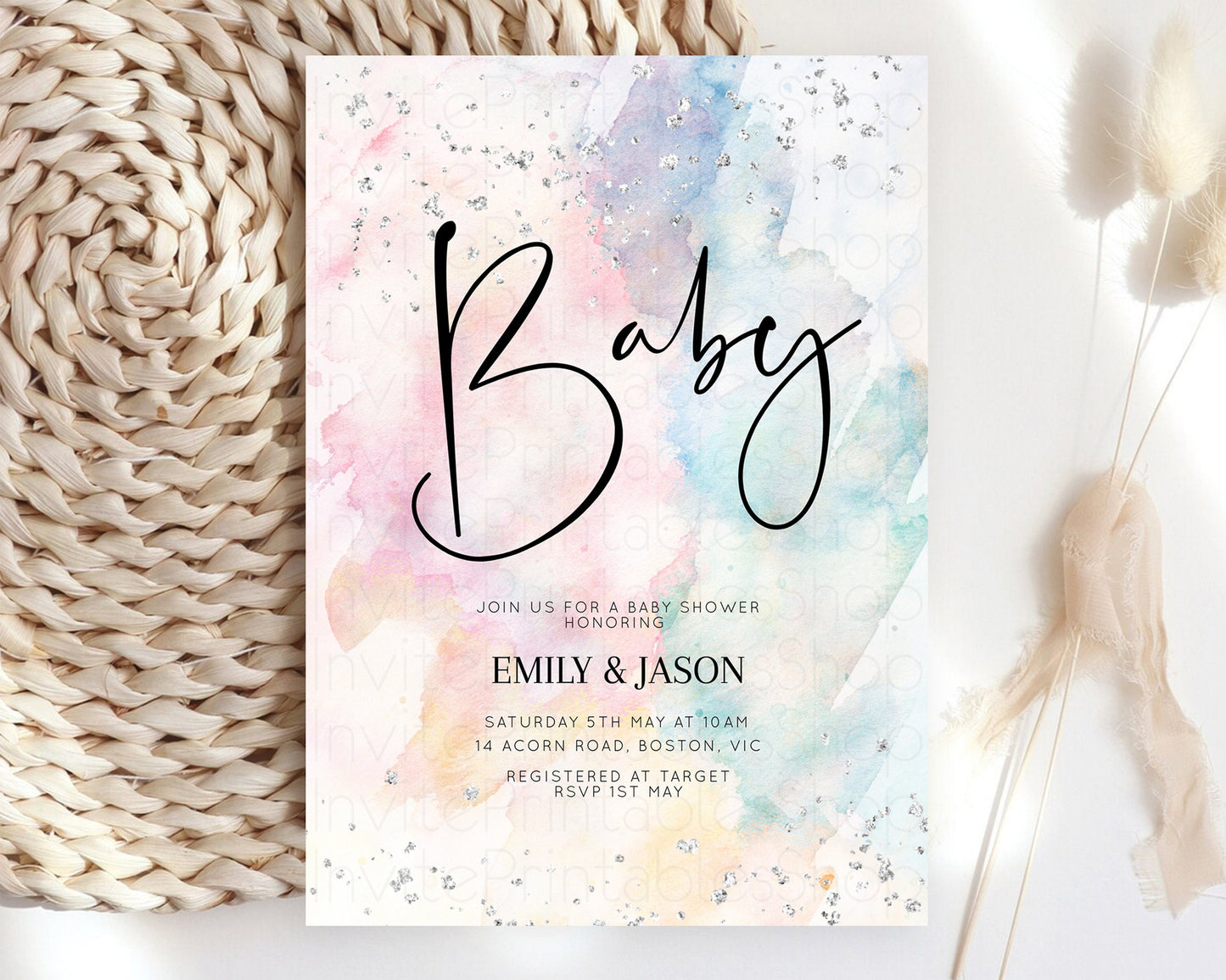 Rainbow Baby Shower Invitation Pastel Watercolor Invite Ombre Splash Invite Silver Glitter Confetti Sprinkles Colorful Gender Neutral s276v4