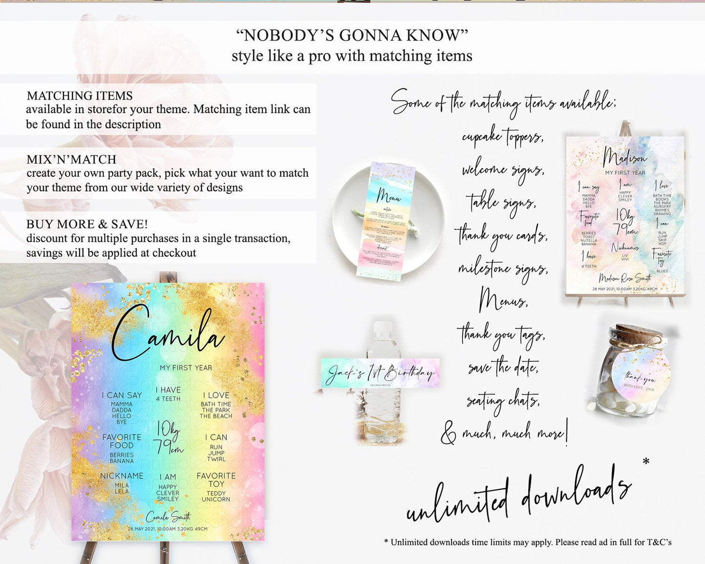 Pastel First Birthday Milestone Board Pastel Rainbow Milestone Poster Colorful Confetti Watercolor Glitter 1st Birthday Welcome Sign D10559
