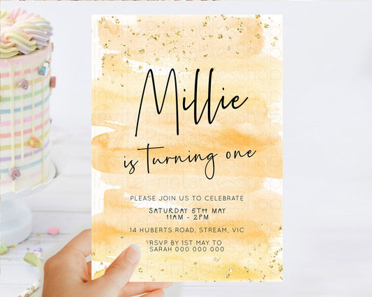 Pastel Birthday Invitation Ombre Watercolor Birthday Invitation Glitter Rainbow Color Splash 1st 2nd 3rd Birthday Invitation D23047