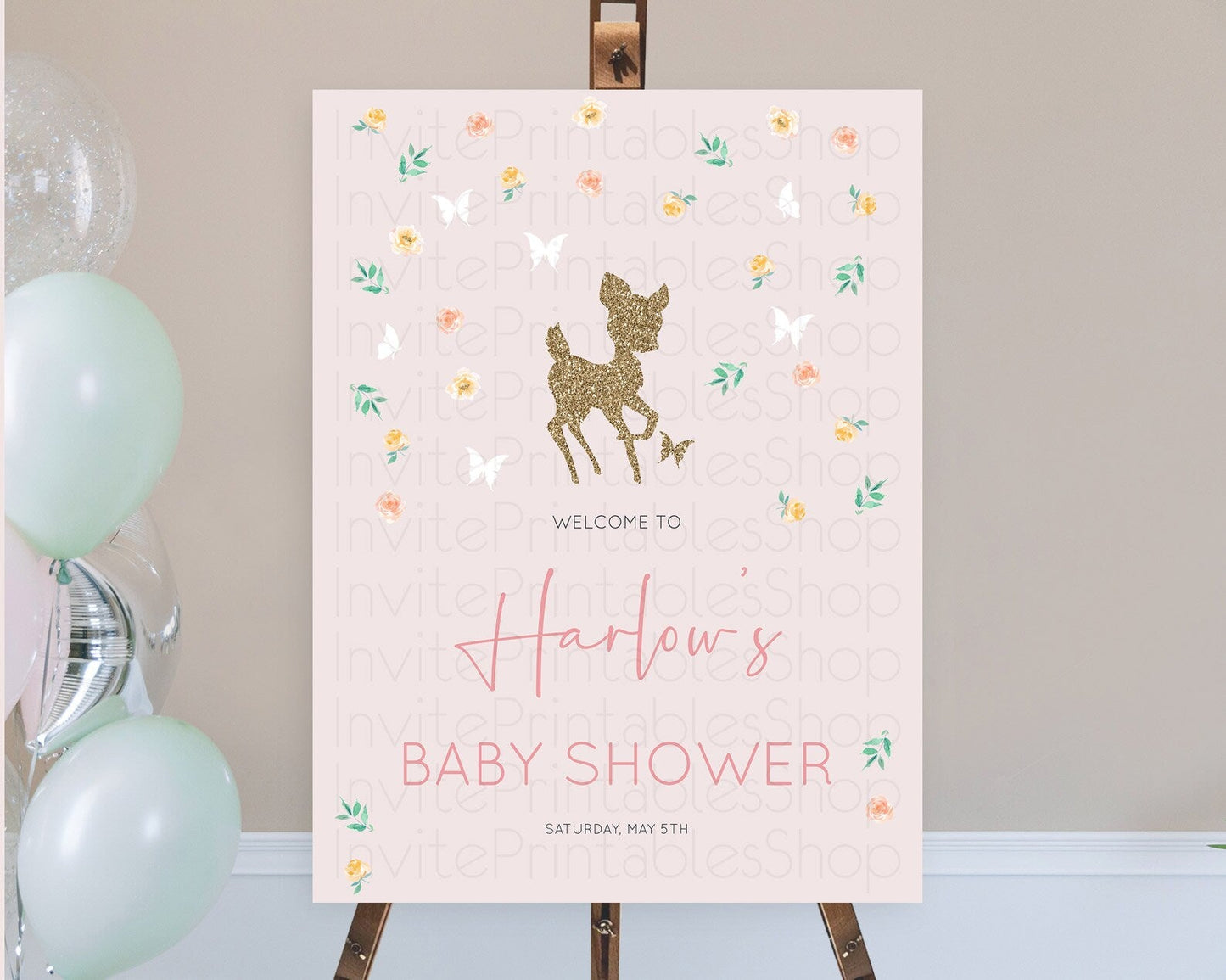 Fawn Baby Shower Welcome Sign Deer Welcome Board Floral Deer Welcome Poster Enchanted Forest Butterfly Pastel Floral Welcome Sign D10386