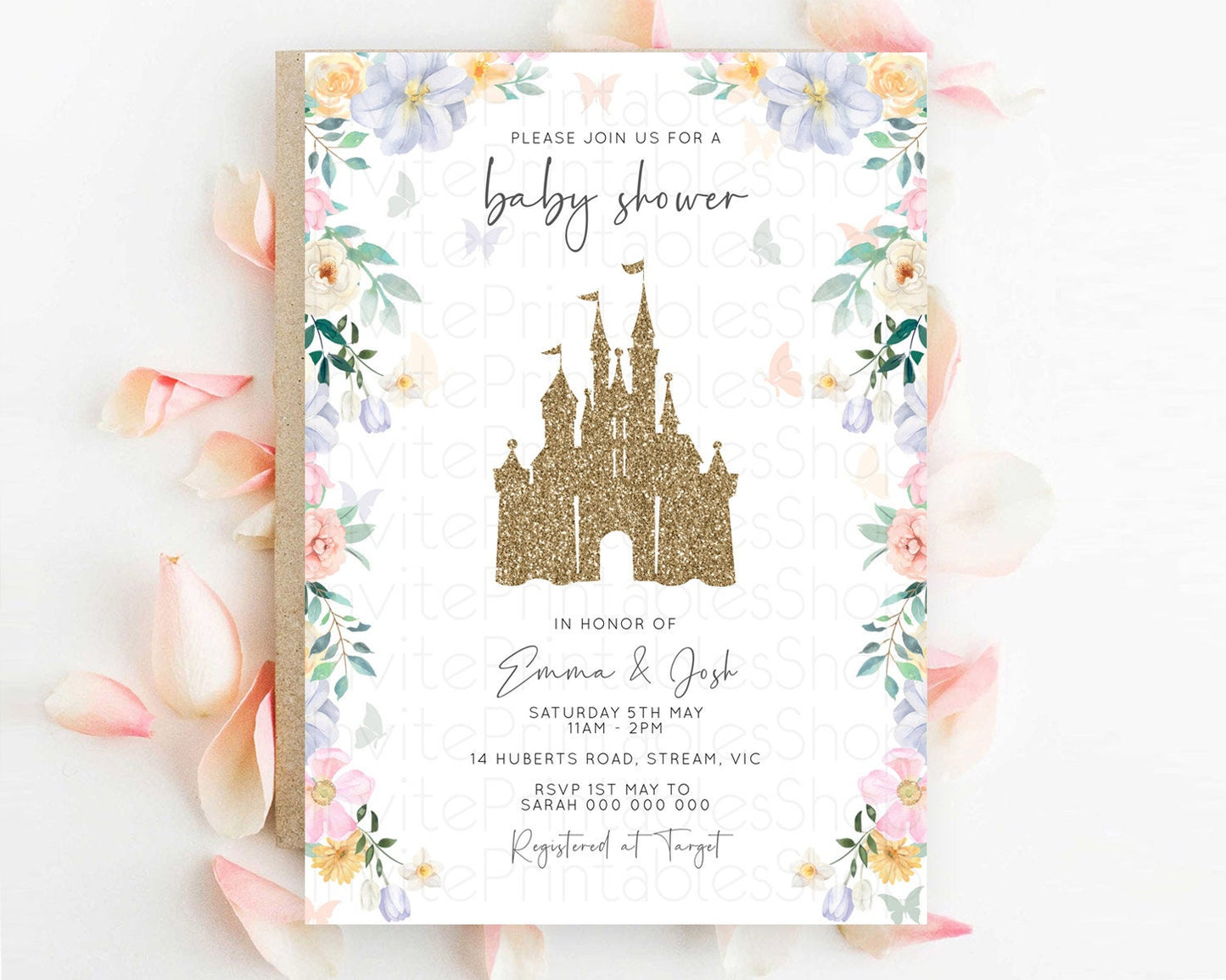 Pastel Princess Baby Shower Invitation Floral Castle Invitation Royal Baby Invite Enchanted Castle Pastel Flower Garden Baby Shower D10469