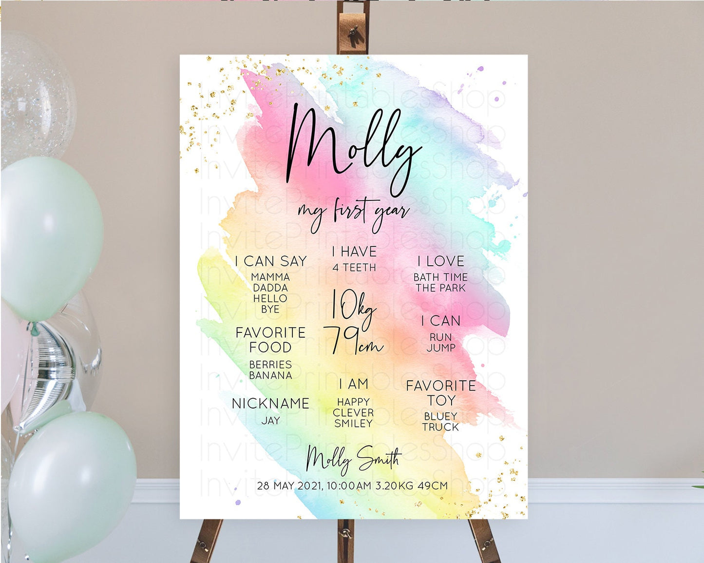Pastel First Birthday Milestone Board Pastel Rainbow Milestone Poster Colorful Confetti Watercolor Glitter 1st Birthday Welcome Sign D10495