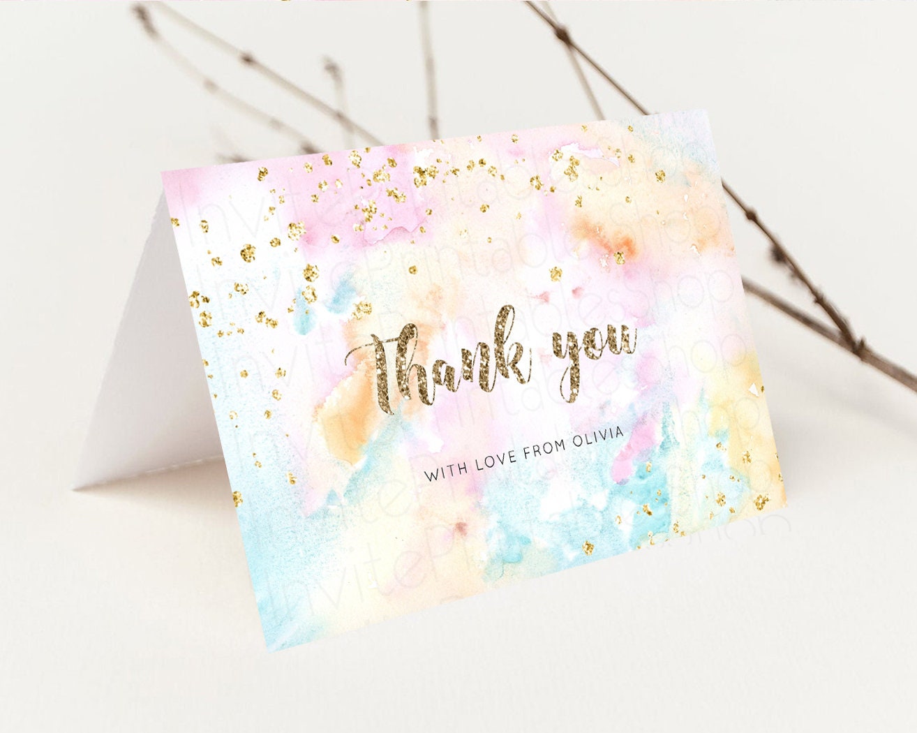 Editable Pastel Rainbow Thank you Colorful Watercolor Folded Gift Cards Cust