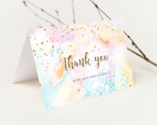 Editable Pastel Rainbow Thank you Colorful Watercolor Folded Gift Cards Cust