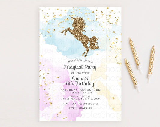 Unicorn Rainbow Birthday Invitation Pastel Birthday Invite Magical Ombre Invite Colorful Watercolor Invite Glitter Sprinkle Party D10114