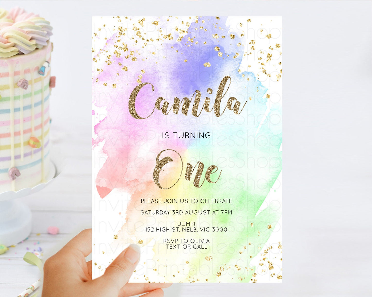 Rainbow Birthday Invitation Colorful Pastel Watercolor Invitation Gold Glitter Sprinkles Ombre Pastel 1st 2nd 3rd Birthday D10319