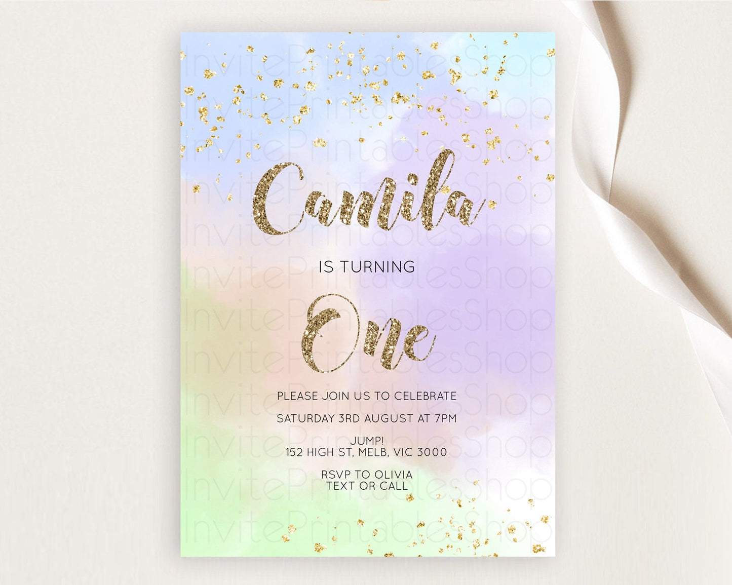 Rainbow Birthday Invitation Colorful Pastel Watercolor Invitation Gold Glitter Sprinkles Ombre Pastel 1st 2nd 3rd Birthday D10372