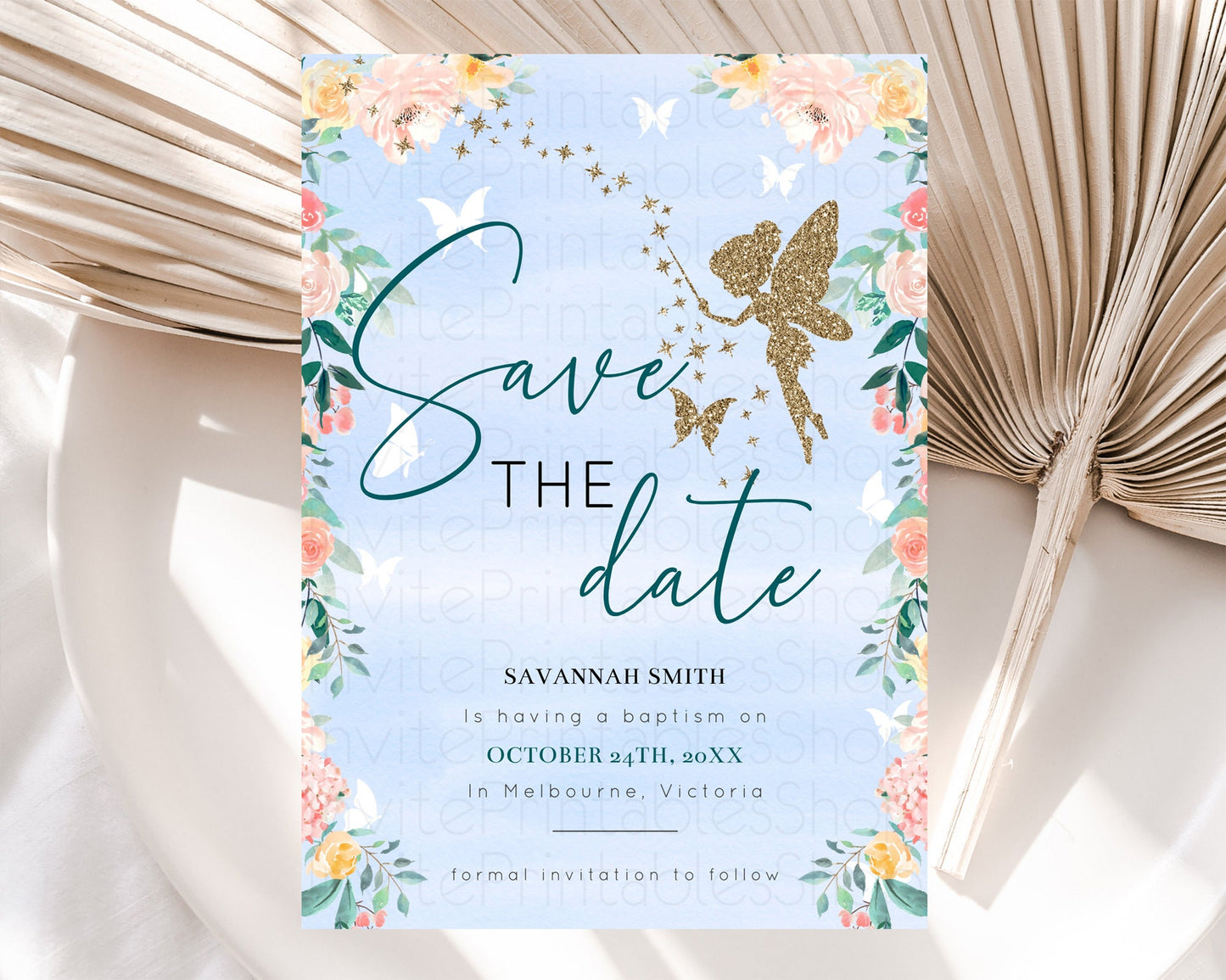 Fairy Save The Date Template Enchanted Garden Pastel Floral Butterfly Party Secret Garden Birthday Baptism Baby Shower Bridal Shower D10794