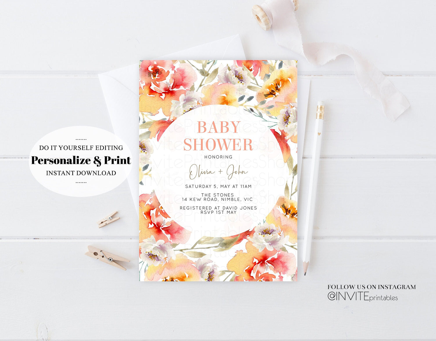 Editable Floral Baby Shower Invitation Watercolor Pink Orange Pink Red Boho