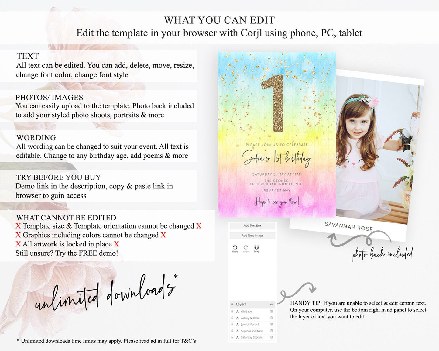 Rainbow Birthday Invitation Colorful Pastel Watercolor Invitation Gold Glitter Sprinkles Ombre Pastel 1st 2nd 3rd Birthday D10480