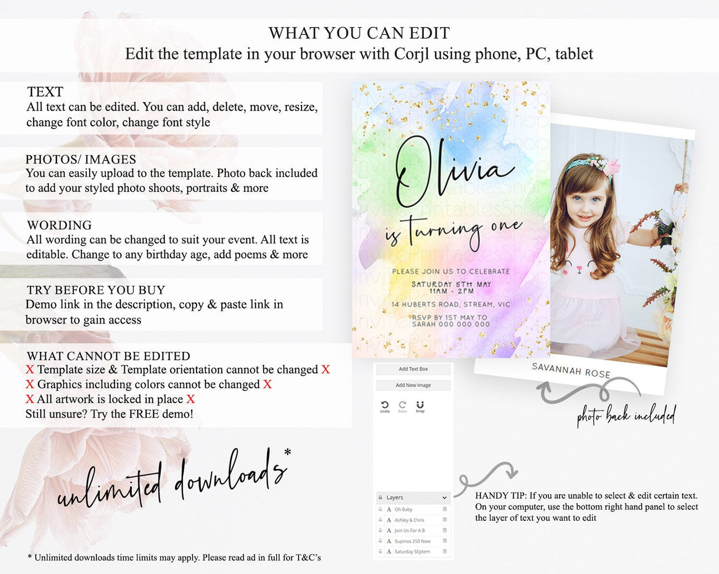 Pastel Birthday Invitation Ombre Watercolor Birthday Invitation Glitter Rainbow Color Splash 1st 2nd 3rd Birthday Invitation D23073