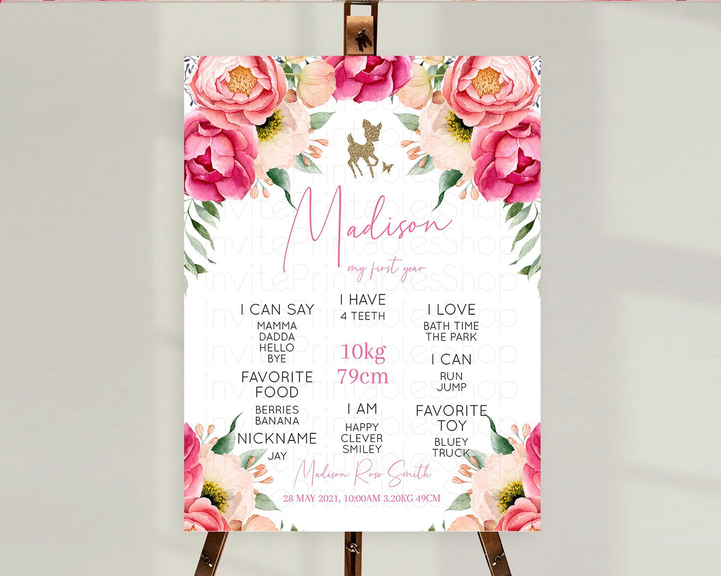 Fawn First Birthday Milestone Board Deer First Birthday Milestone Poster Enchanted Forest Butterfly Pastel Flowers 1st Birthday Sign D10326