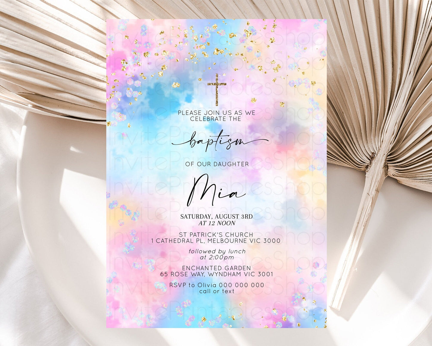 Pastel Baptism Invitation Pastel Colors Watercolor Baptism 1st Birthday Party Gold Ombre Pastel Rainbow Christening Holy Communion D10607